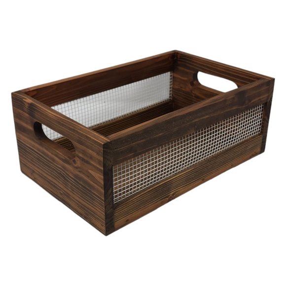 Rustic Wood Basket Crate Storage Metal & Solid Wood Organizer Decorations Sturdy - Picture 3 of 7